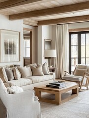 Relaxing Living room in soft neutrals with visible exposed beams
