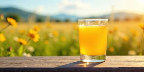 Golden Hour Refreshment A Glass of Sunshine-Colored Juice on Rustic Wood, Amidst a Field of Blossoming Yellow Flowers