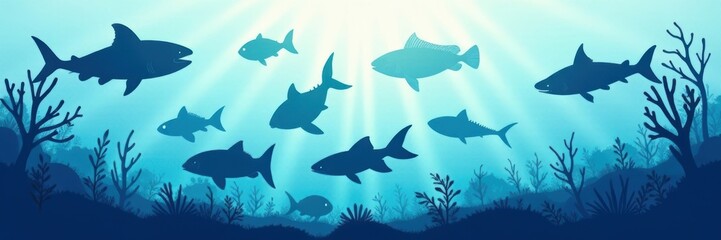 Naklejka premium Elegant silhouettes of diverse aquatic creatures, ideal for marine-themed designs , pattern, fish