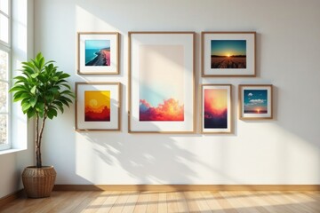Gallery wall showcasing diverse framed artwork, insta art, photography, display