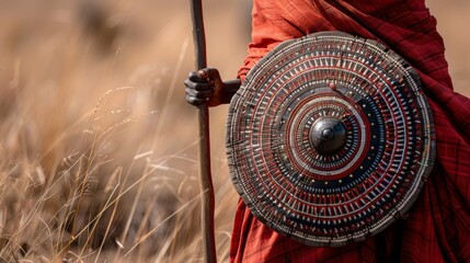 A Maasai warrior stands amidst tall grass, proudly holding a beautifully decorated, round shield.