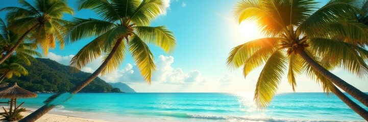 Obraz premium Golden sunlight bathes lush coconut palms; azure sky gleams , flora, nature scene