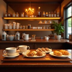 Gleaming copper bar, coffee cups, pastries displayed , surface, sweet