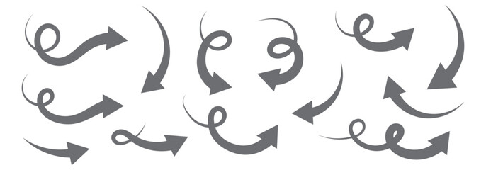 
Black curved arrows icons set. Arrow sign in flat style. Wind movement image, process repeat symbol, rotation. Vector illustration.