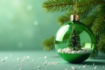 Green bauble with miniature Christmas tree inside , cute, glitter, celebration