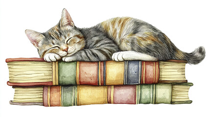 cat peacefully sleeps on stacked books in watercolor illustration