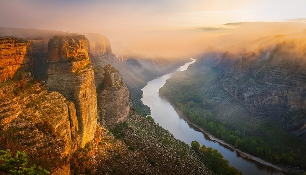 Fog is filling the hoces del duraton natural park at sunset, segovia, spain
