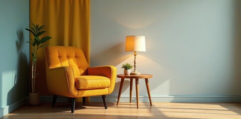 Mid-century style armchair, side table, lamp, vintage aesthetic, accent, art, home decor
