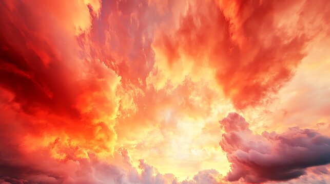 A stunning sunset sky with vibrant red and orange hues blending together, creating a fiery, dramatic backdrop as the sun dips below the horizon.