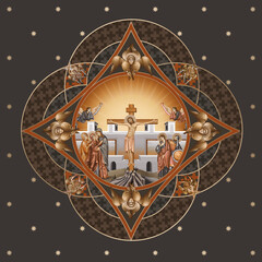 Decorative vintage dome Good Friday with 4 apostles and seraphim. Illustration in Byzantine style