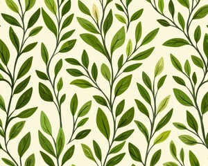 A seamless pattern of green leaves and branches, delicately arranged to create a natural and elegant backdrop for various design projects. 