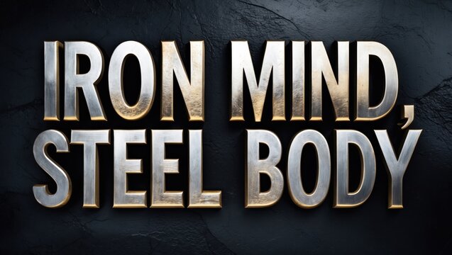 Bold metallic text reading 'Iron Mind, Steel Body' against a textured dark background, evoking strength and resilience