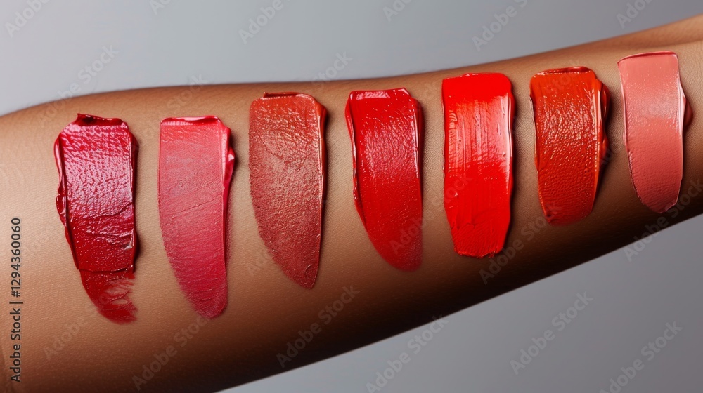 Poster different lip colors are applied on an arm, displaying a gradient from rich reds to subtle pinks. th