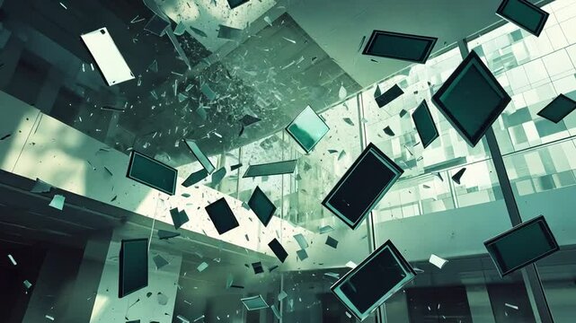 Stunning Visuals of Shattered Glass in a Modern Building, High Quality Slow Motion