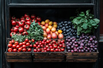 Vibrant Still Life of Fresh Tomatoes, Grapes, and Apricots at a Farmer's Market. A Colorful Display of Healthy Food.