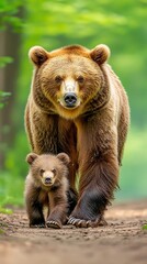 Fototapeta premium Mama Bear & Cub Stroll Forest Path