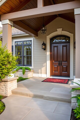 Elegant Home Exterior with Stone Porch and Double Door Entrance. Modern Architecture, Luxury Real Estate, Dream House