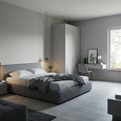 A contemporary bedroom, light and spacious, with minimalist decor.