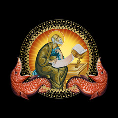 John the Apostle. Religious decorative illustration in Byzantine style on black background