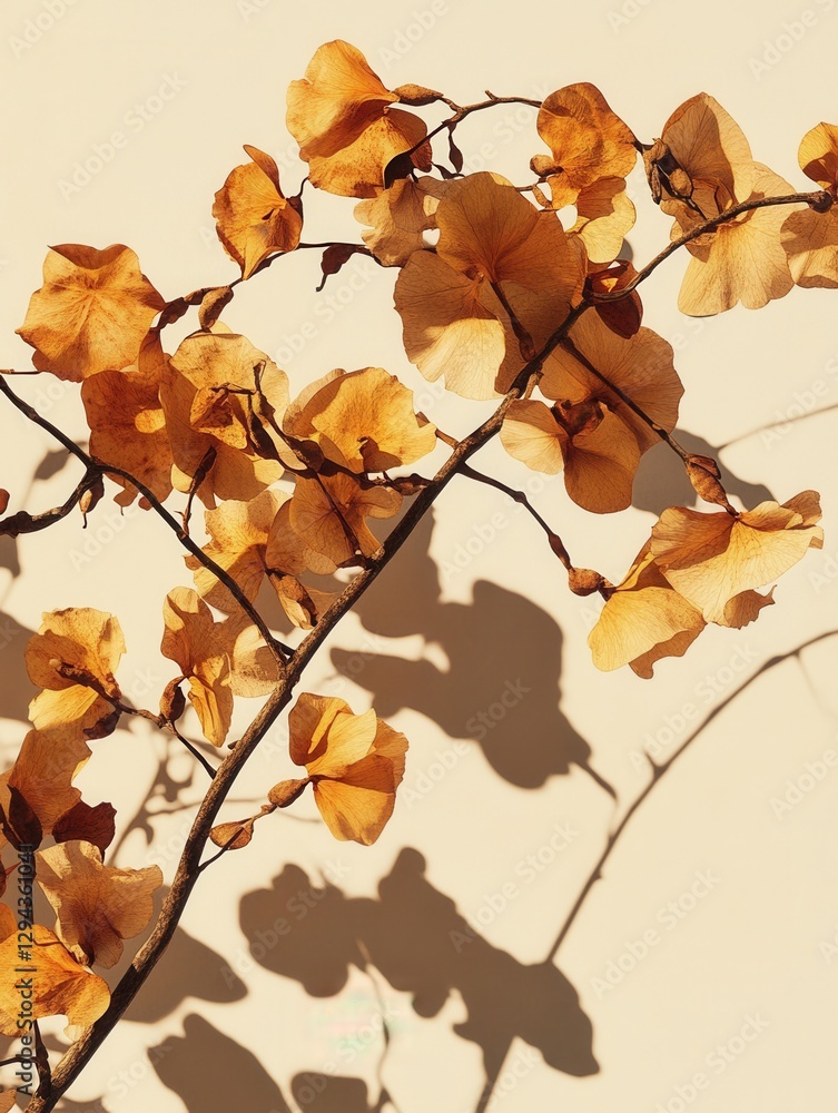 Poster delicate dried flower branch casting shadows on a cream wall creating a serene and minimalist ambian
