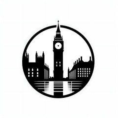 Silhouette of the Houses of Parliament and Big Ben in a circle.