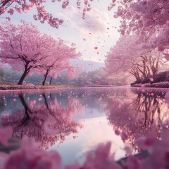 A dreamy cherry blossom garden in full bloom, pink petals drifting through the air, serene pond reflecting the trees, warm soft lighting, ultra-high-definition nature beauty. 