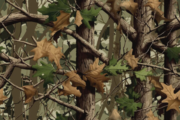 Vector hunting camouflage seamless pattern design. Camouflage background. Deer hunting, forest, jungle texture. Realistic tree seamless pattern. Digital camouflage © Rashid