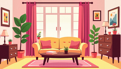 Cozy living room with plants and warm lighting, home comfort