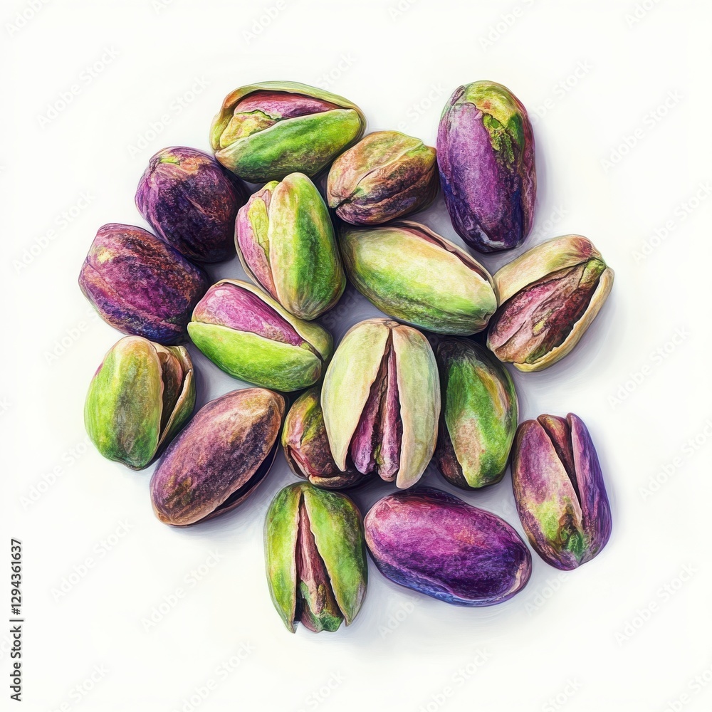 Poster closeup of green and purple pistachios on white backgrounds and texture photography of whole pistach