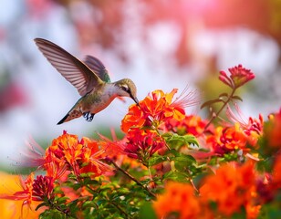 Fototapeta premium Hummingbird flying and drinking nectar from orange flower in spring