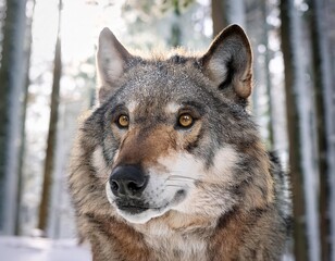 Fototapeta premium Majestic wolf observing winter wonderland in snowy forest