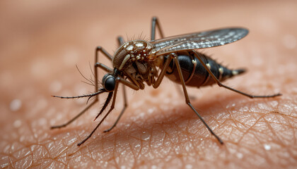 Close-up of Aedes aegypti mosquito sitting on human skin ready to bite, dengue virus mosquito 