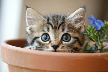 Adorable kitten hiding in a flower pot, with just its eyes peeking out.
