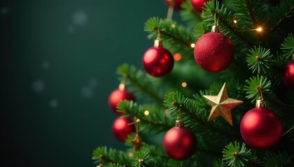 Fototapeta premium Classic Christmas tree, adorned with vibrant red baubles and golden stars , winter, red