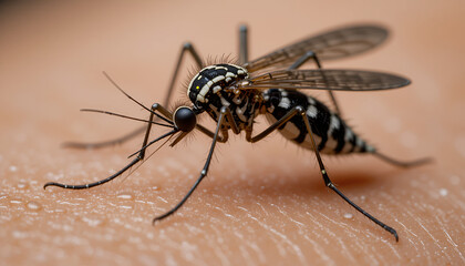 Close-up of Aedes aegypti mosquito sitting on human skin ready to bite, dengue virus mosquito 