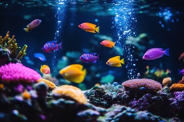 Obraz premium Vibrant Underwater Scene: Colorful Fish and Coral Reef in a Thriving Ocean Habitat