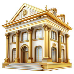 Obraz premium Majestic neoclassical gold-trimmed bank building with grand architecture, isolated on a transparent background. 