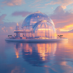 Obraz premium A floating glass dome city on a calm ocean, futuristic architecture, soft ambient lighting, ultra-detailed high-resolution utopian dreamscape. 