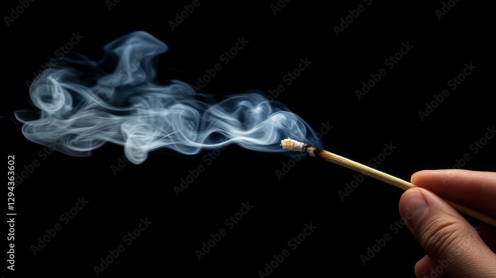 Poster A hand delicately holds a glowing incense stick as wisps of fragrant smoke spirals upward, creating an atmosphere of peace and introspection in a softly illuminated environment