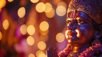 Fototapeta premium A close-up of a Hindu god statue, glowing under temple lights during worship