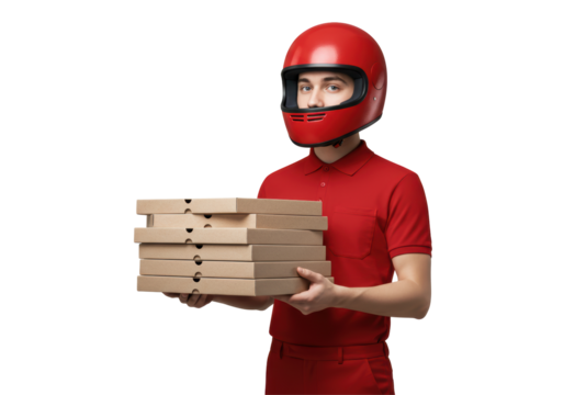 Isolated Smiling Pizza Delivery Guy Holding Stack of Boxes