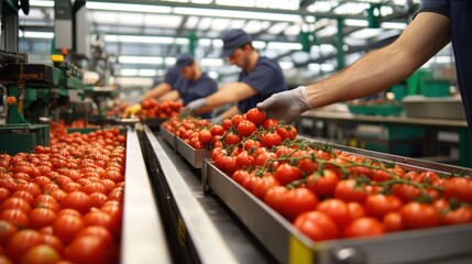 Workers selecting and packing fresh tomatoes on a conveyor belt