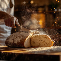 A fresh wood-fired bread loaf being sliced, warm steam escaping, rustic kitchen setting,...