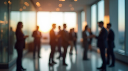 Participants at a corporate event interact in an office environment. Image with blur effect