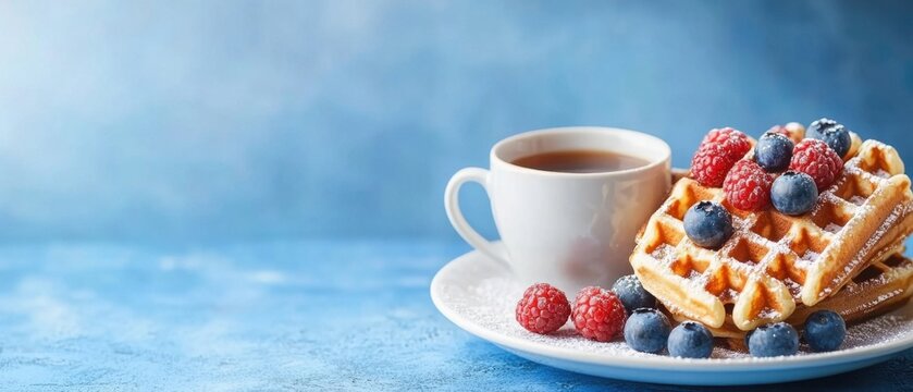 Delicious Waffles with Fresh Berries and Coffee on Blue Backdrop Capturing a Cozy Morning Breakfast Scene in a Bright and Airy Style