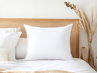 white pillow mockup. A cozy bedroom scene featuring white pillows and natural elements on a stylish bed.