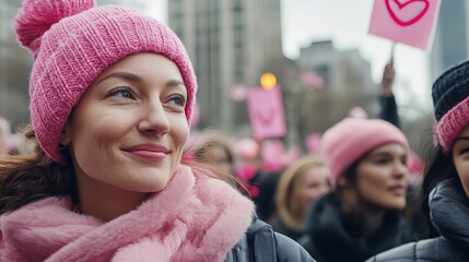 Woman Pink Knit Hat Winter Protest Rally Peaceful Demonstration Hopeful Female Activist Showing Support for Womens Rights Equality March city sign    