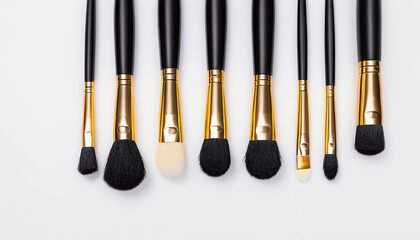 Premium Makeup Brushes Set – Gold & Black Handles, Professional Beauty Tools on White Background