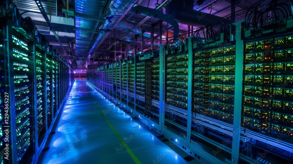 Poster Rows of servers glow in vibrant colors within a state of the art data center, showcasing advanced technology working dynamically during the night.