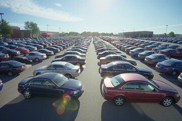 A stock lot filled with a variety of cars for sale, arranged in neat rows under a bright, sunny sky